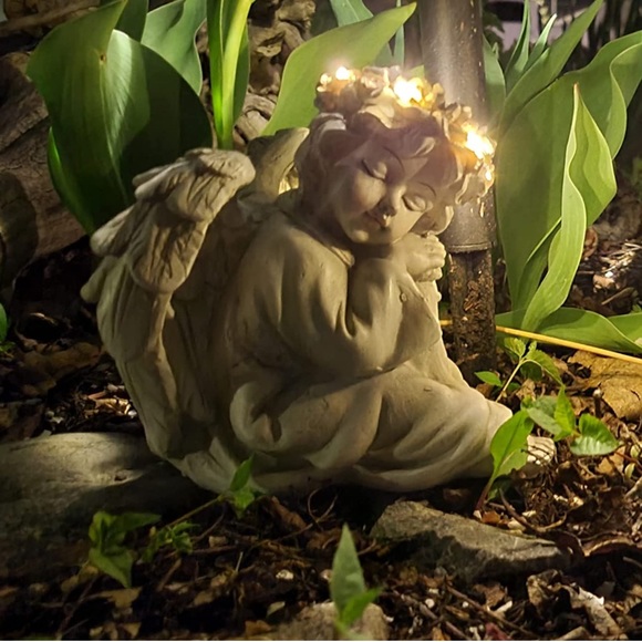 NEW Happy Compost Garden Angel Cherub Figurine Statue with Solar LED Light Halo - Picture 7 of 7